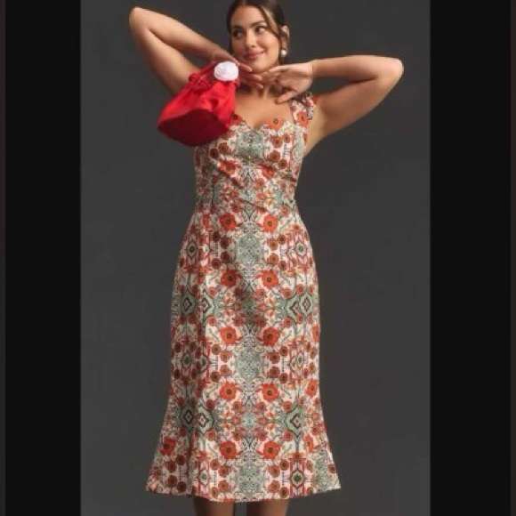 Anthropologie Petite Boho Floral Midi Dress SP Cap Sleeve Stretch bodycon - Picture 7 of 8